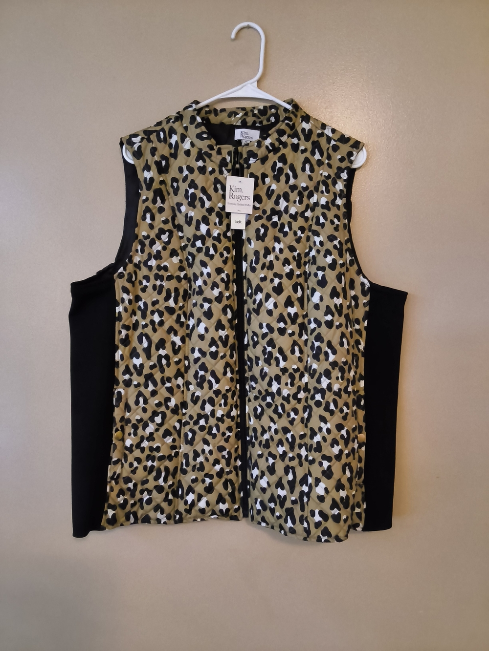 Kim Rogers Olive Leopard Front Zip Sleeveless Top with Black Sides